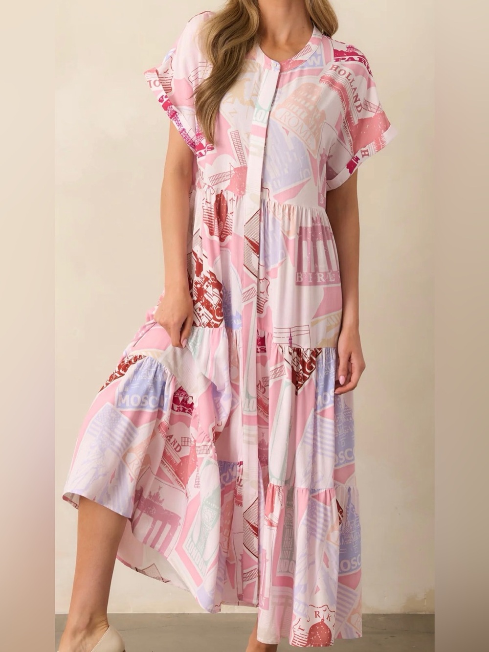 Prosperina MALLORY PASSPORT PRINT PINK MIDI DRESS NWOT Size S